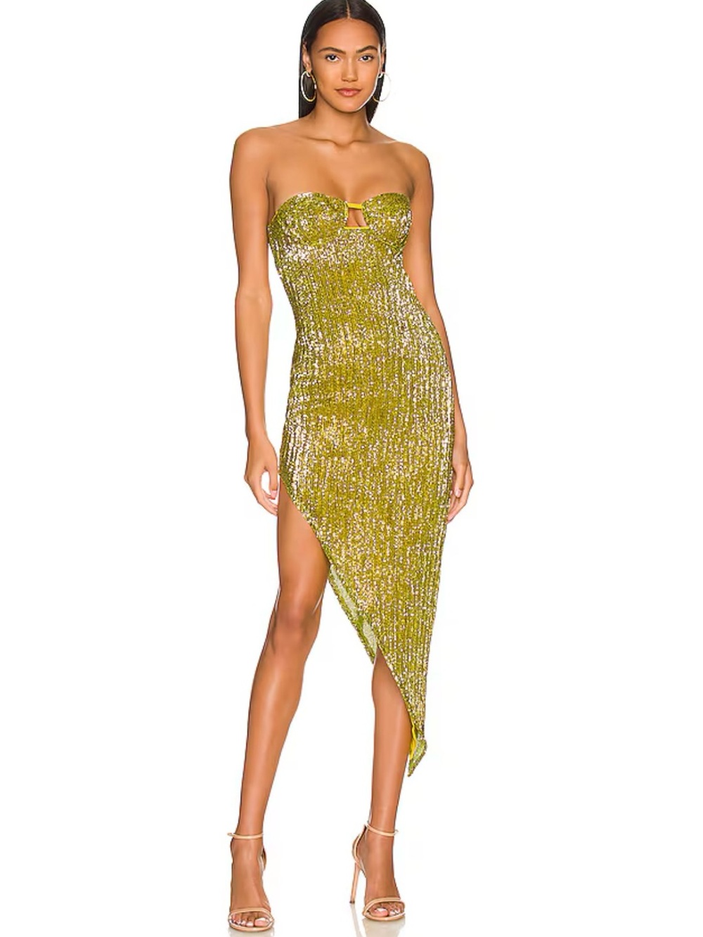 Camila Coelho Strapless Sequin Asymmetric Dress in Olive Green